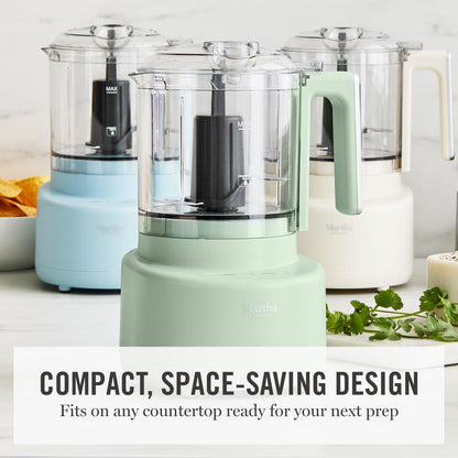 Martha Stewart 3 Cup Food Processor, Electric Vegetable Chopper, Stainless Steel Blades, 24oz BPA-Free Bowl, Pour Spout, Dicing, Mincing, Chop & Puree, Dishwasher Safe, Oil Chute, Easy-Clean, Sky Blue