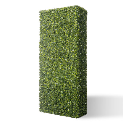 COARBOR 54" x 72" x 6" Artificial Boxwood Hedge Wall Milan with White Flowers Interior Divider Privacy Fence Faux Greenery Backdrop for Home Decor, Party Decor, Backyard Balcony Deck
