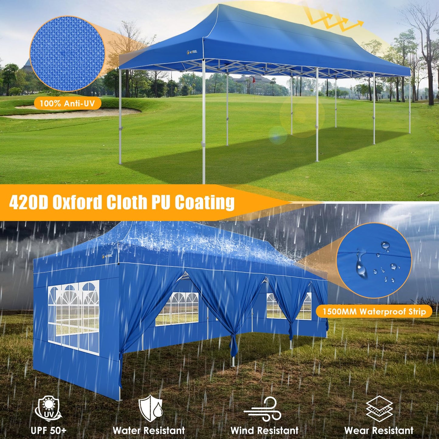 COBIZI 10x30 Heavy Duty Pop up Canopy Tent for Parties with 8 Sidewalls, Easy Setup Outdoor Commercial Gazebo for Wedding Event, Party Tent with Portable Bag & Sand Bags, Blue
