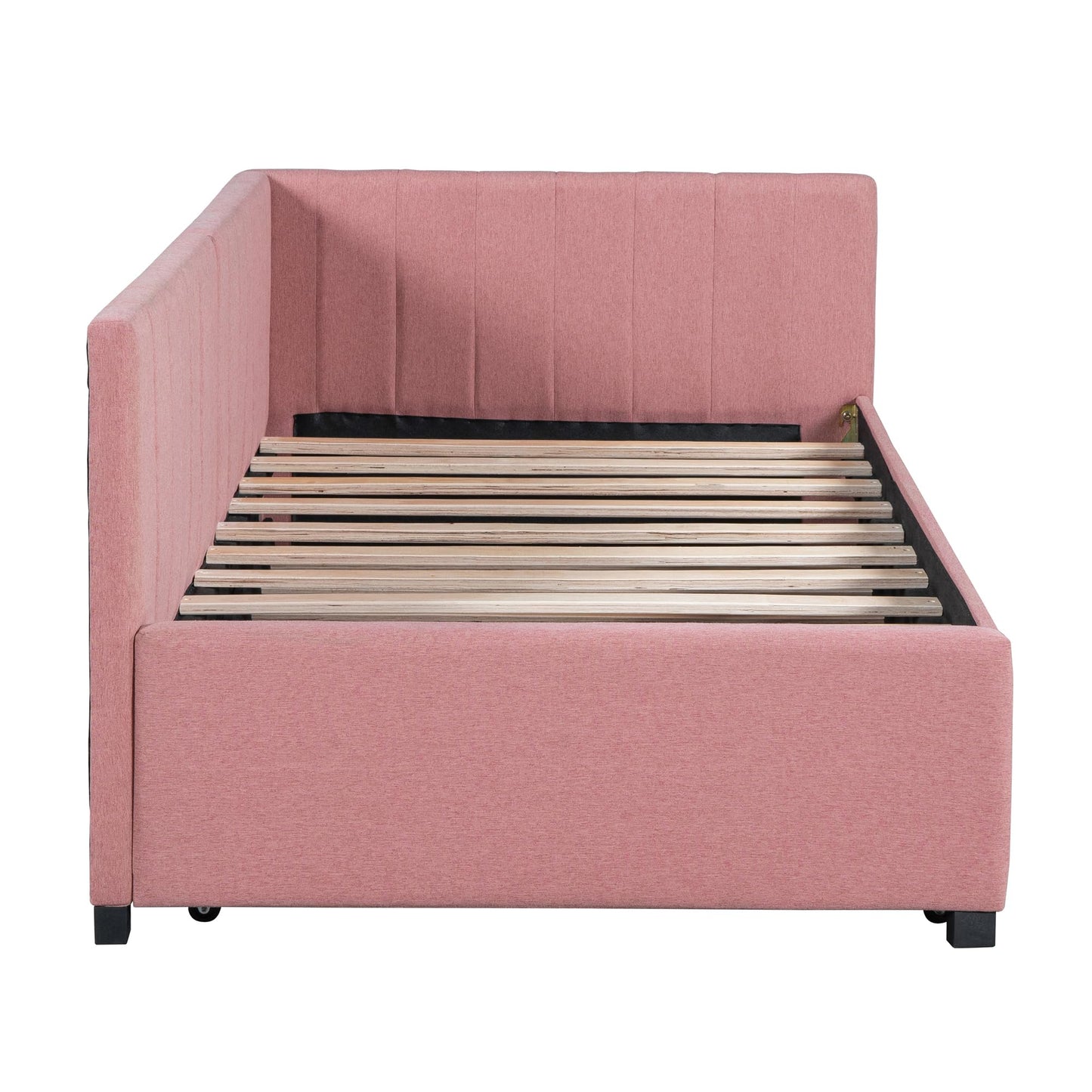 ACQCA Twin Size Upholstered Linen Daybed with Trundle,Semi-Closed Design,Solid Wood Bed Frame,W/Backrest and Slat Support,No Box Spring Needed,for Apartment Bedroom,Pink