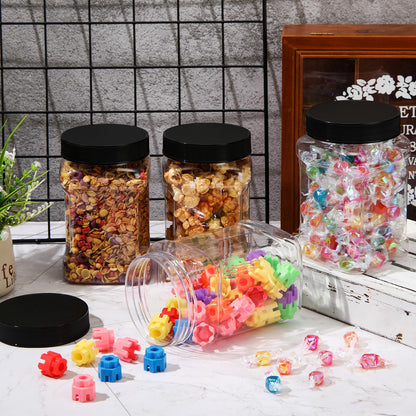 Geiserailie 6 Pcs Square Clear Plastic Jars with Pinch Handle Plastic Storage Container with Screw-on Lids Reusable Wide Mouth Canisters for Dry Good Peanut Cookies Candy (32 oz,Black Lids)