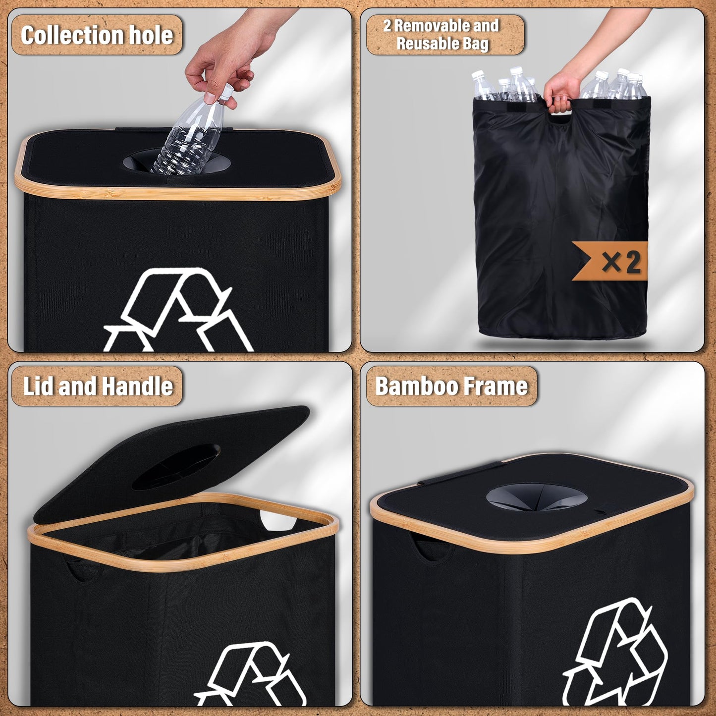 efluky Recycling Bin for Kitchen 26 Gallon, 100L Recycle Bin with 2 Removeable and Reusable Inner Bag, Large Recycling bin with lid for Bottle Can Plastice Stickers (Black)