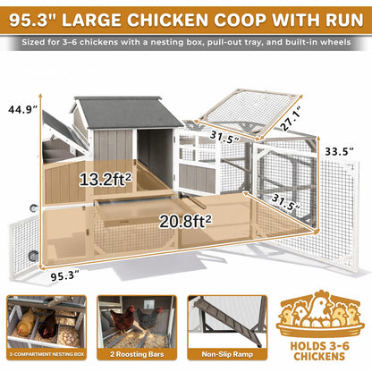 Large Outdoor Chicken Coop with Run & Wheels, 95.3" Wooden Hen House for 3–6 Chickens, 3-Compartment Nesting Box (2 Dividers), Pull-Out Tray, UV-Resistant Roof, Predator-Resistant Wire Mesh