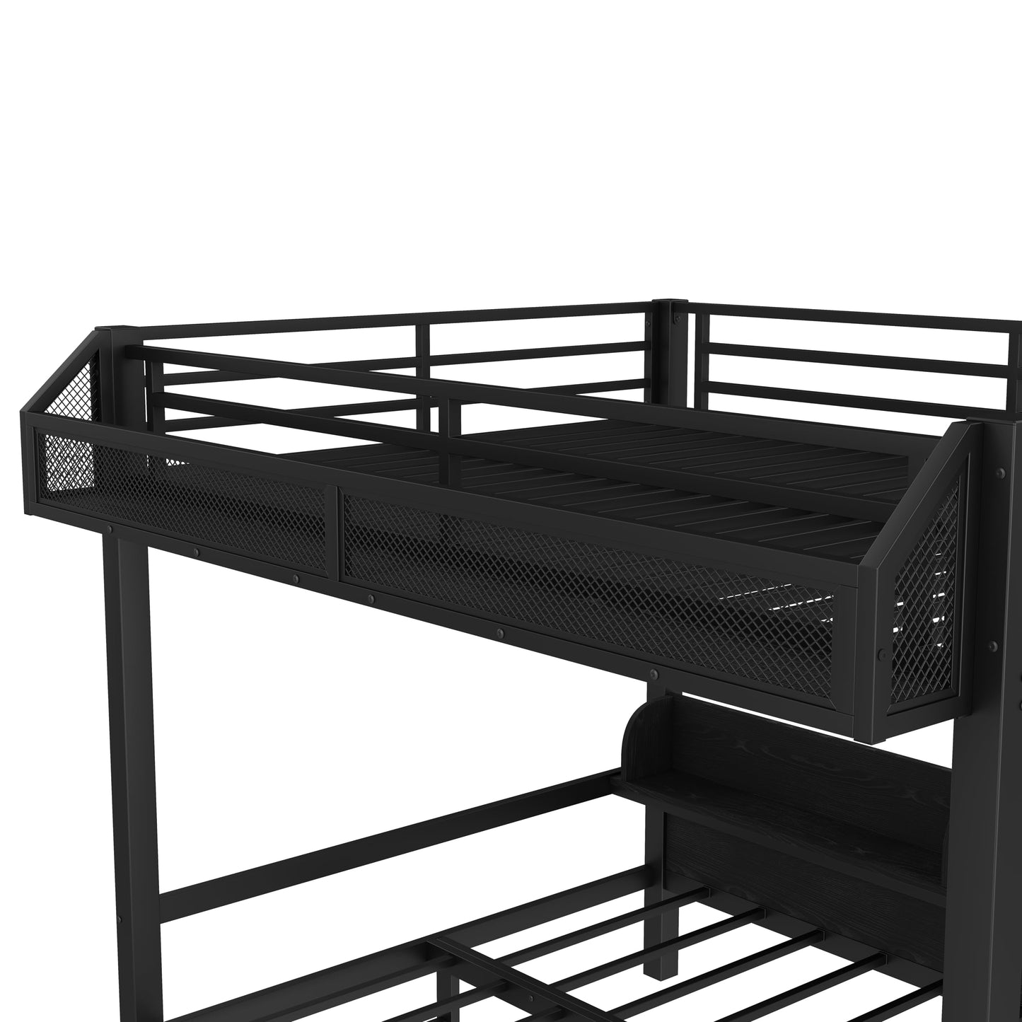 Queen over Queen Bunk Bed with Storage Drawers and Shelves, Metal Bunk Beds with Lights and USB Ports, Convertible Lower Bunkbed Queen for Guests, Bedroom, Dorms, Multi-function and Noise-free, Black