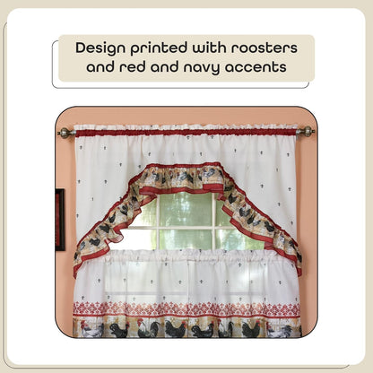 Printed Tier and Swag Window Curtain Set, 57 Inch Width, 36 Inch Length, Rooster, Machine Washable