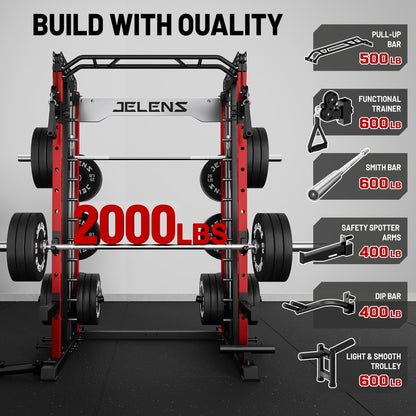 JELENS Smith Machine for Home Gym, Multi-Function M12 Power Cage, Squat Rack with Smith Bar and More Attachment (Red, M12 Smith Machine)