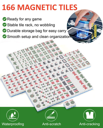 PYY Portable Automatic Mahjong Table - Foldable Tabletop Design, 166 Magnetic Mini Mahjong Tiles (Incl. 8 Dragons, 4 Blanks, 10 Jokers), Supports American & Chinese Styles, for Outdoor & Home Fun