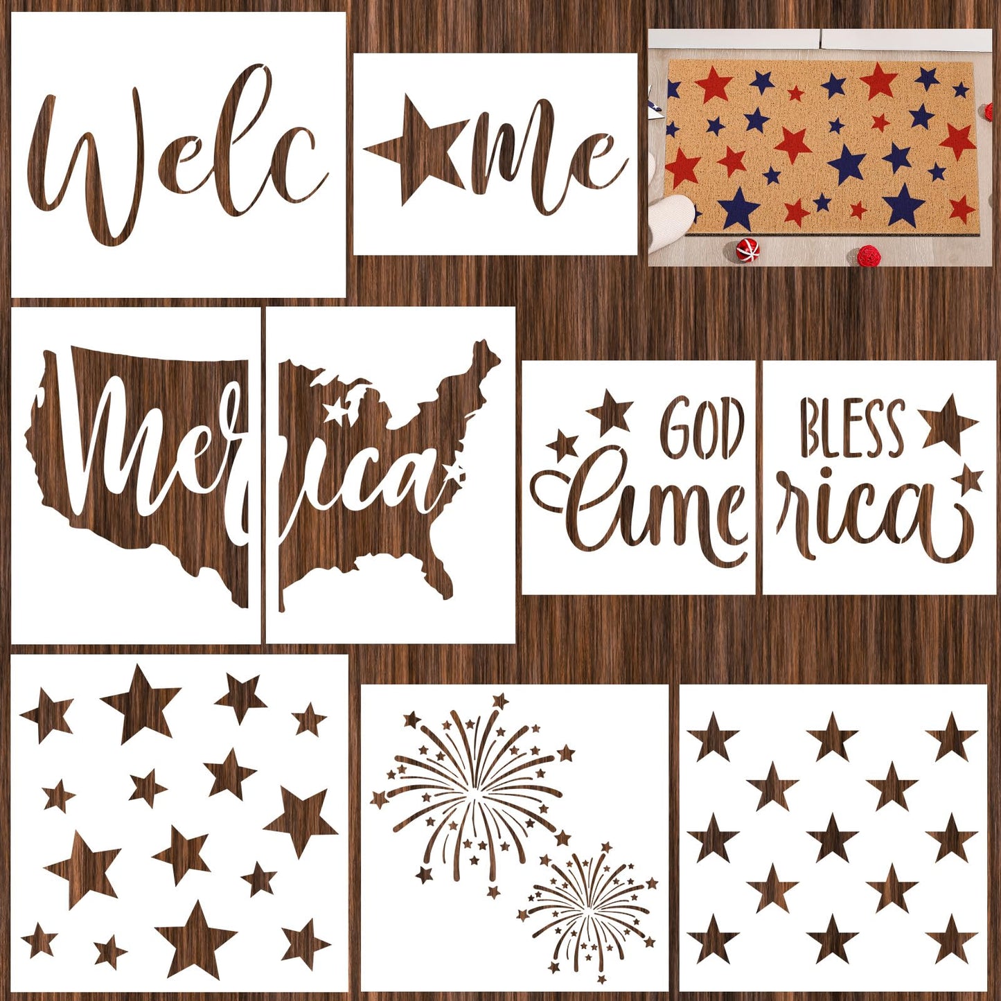 Frienda 9 Pcs 4th of July Stencils for Door Mats Reusable Welcome Templates Large Stencils for Drawing DIY Painting on Wood Floor Doormat Crafts (Various Sizes)