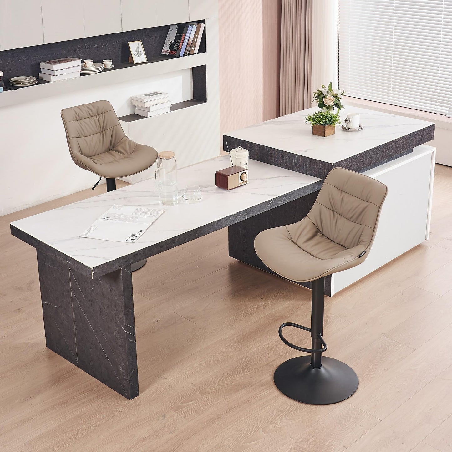 Kidol & Shellder Adjustable Bar Stools Set of 2, Faux Leather Counter Height BarStools with Back and Metal Base, Modern Mid Century Upholstered Bar stools for Kitchen Island Khaki
