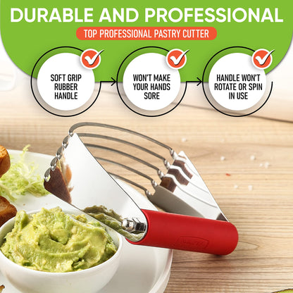 Spring Chef Large Red Dough Blender For Baking, Professional Heavy Duty Dough Cutter Tool with Thick Blades, Stainless Steel Puff Pastry Cutter Tool, Dishwasher Safe Pastry Blender for Easy Mixing