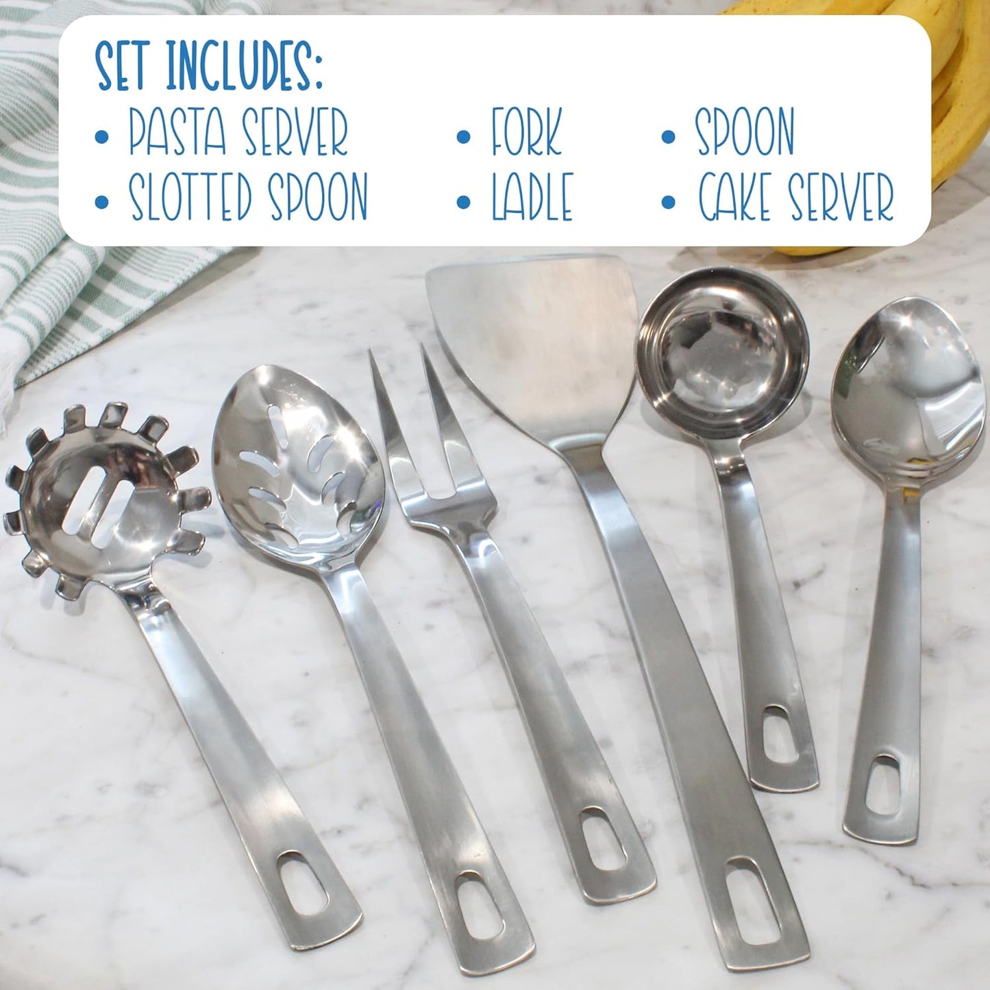 Darware Complete Serving Set, 6-Piece Silver, Includes Pasta Server, Fork, Slotted Spoon, Ladle, Cake/Casserole Server