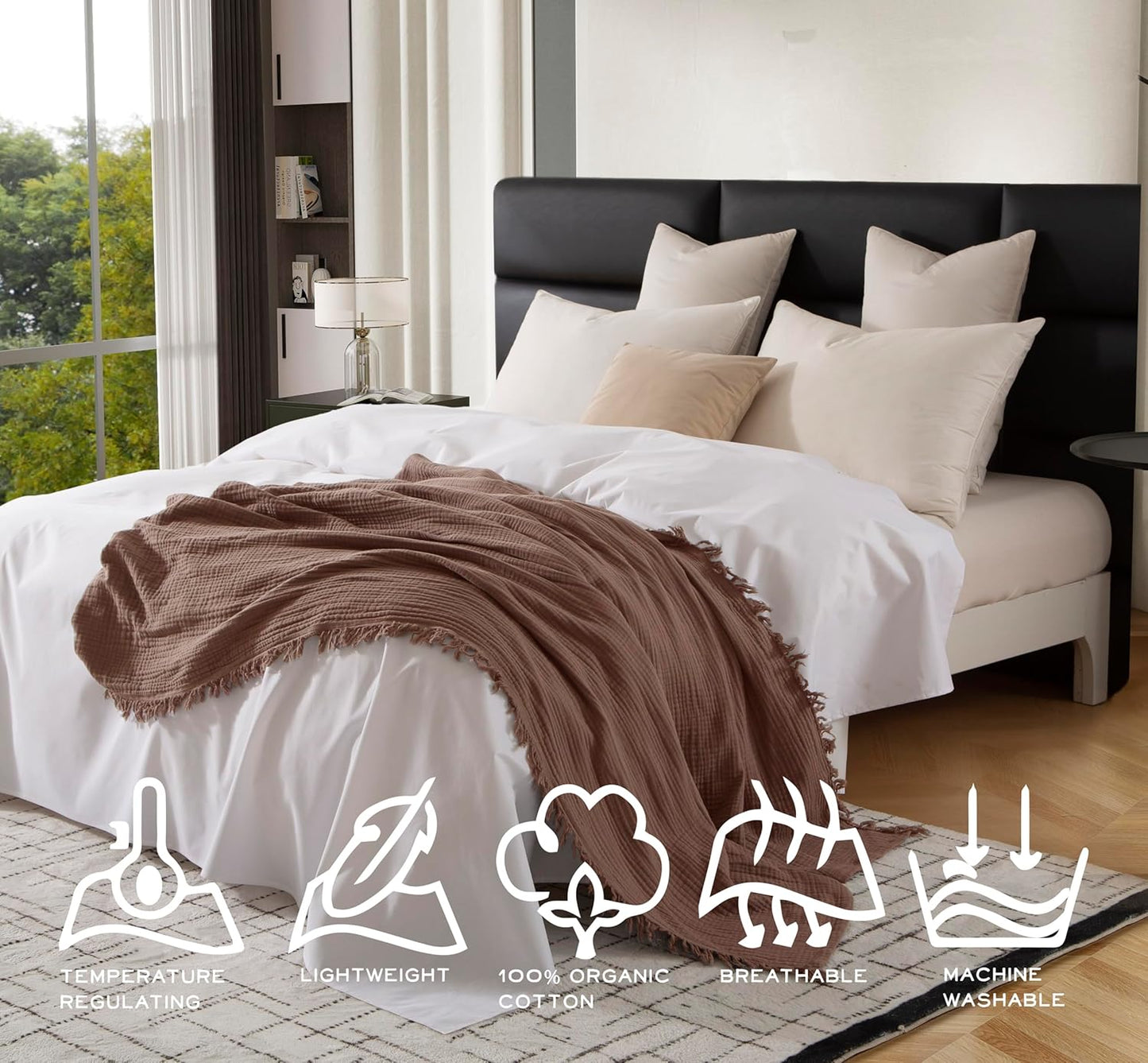 KyraHome 100% 90x90 Cotton Throw Blankets, Queen, Organic Cotton Muslin Blanket, Plant Dyed, Breathable Lightweight