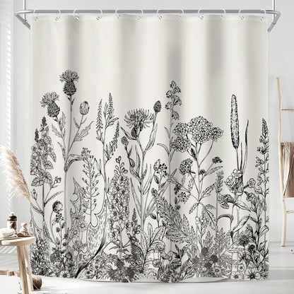 Riyidecor Wild Floral Shower Curtain 72Wx78H, Botanical Flower Plant Art Printed Fabric with Hooks