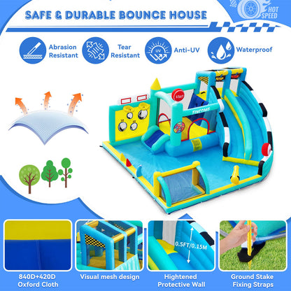 FINCOME Bounce House Double Slides for Kids 3-10, Large Bounce Castle with Air Blower 550W, Pool, Jumping, Climbing, Balls, Ring Toss, Inflatable Water Park for Birthday Party Holiday Outdoor Indoor