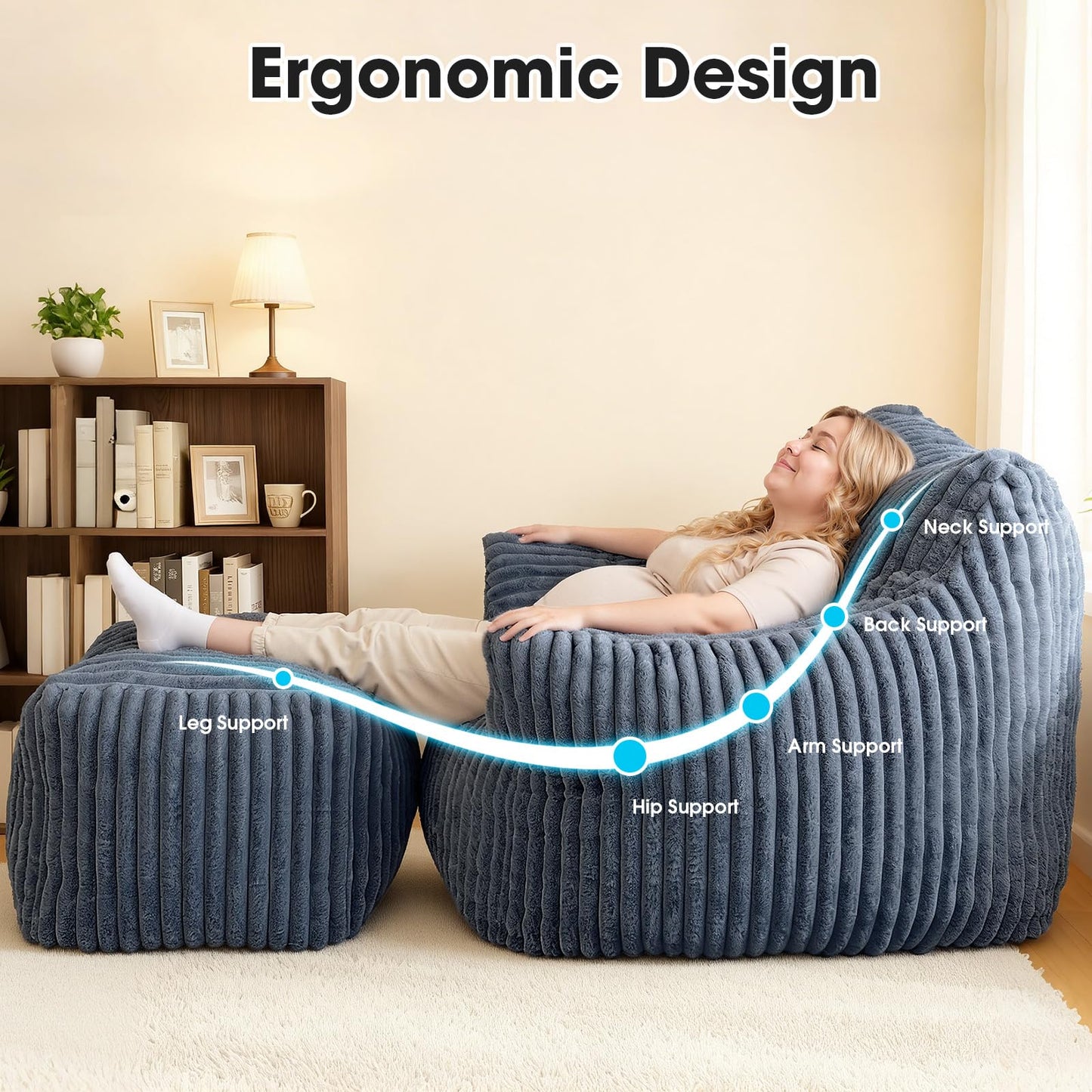 HarborHue Giant Bean Bag Chair with Ottoman, Oversized Memory Foam Bean Bag Sofa for Adults and Kids, Large Comfy Fluffy Single Lounges Mini Couch for Living Room, Bedroom & Dorm(Gray)