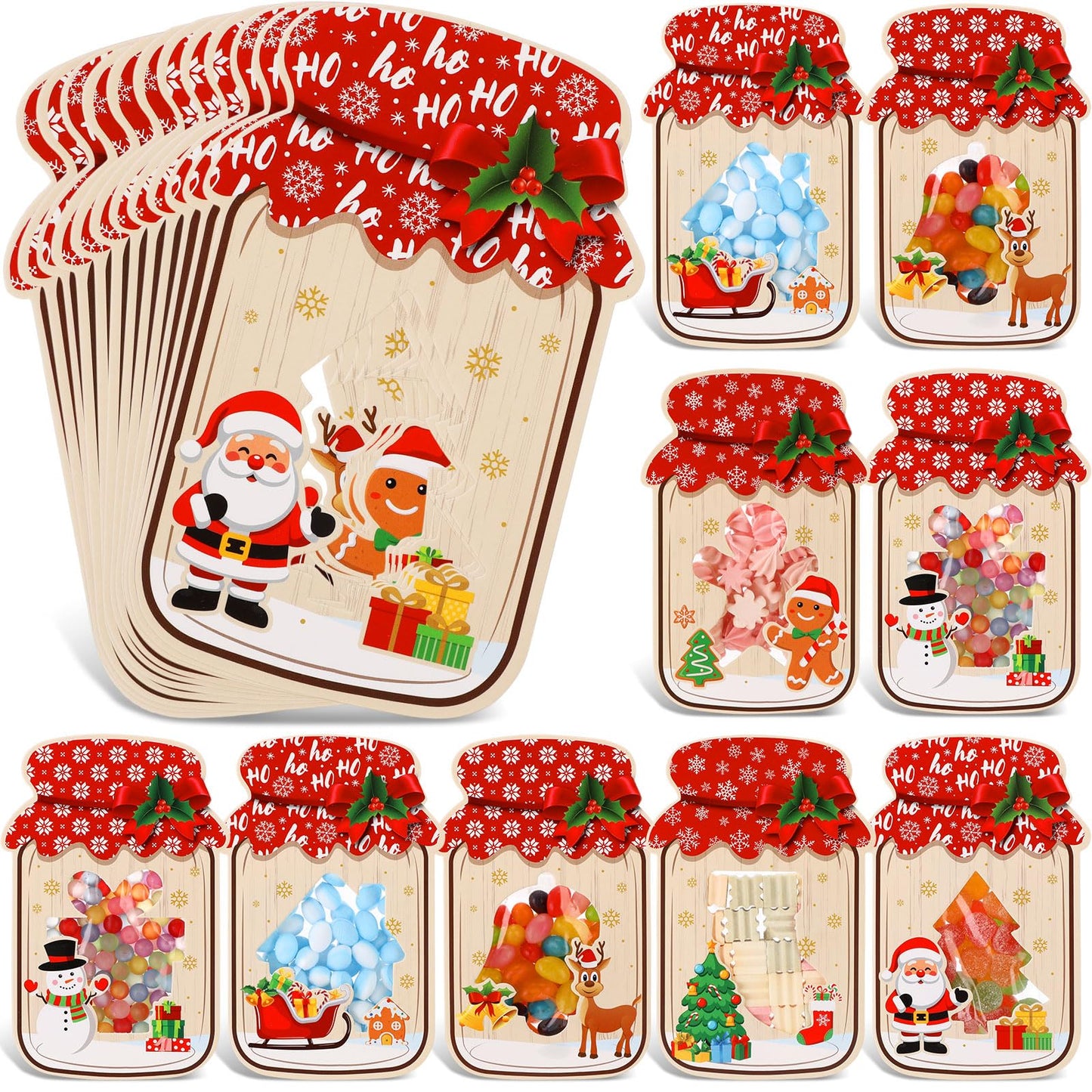 Honeydak 100 Set Mason Jar Cards Kit with 100 Clear Treat Bags & 100 Adhesive Strips, DIY Goodie Bags, Party Favors Supplies, Gift Exchange, Holidays Prizes