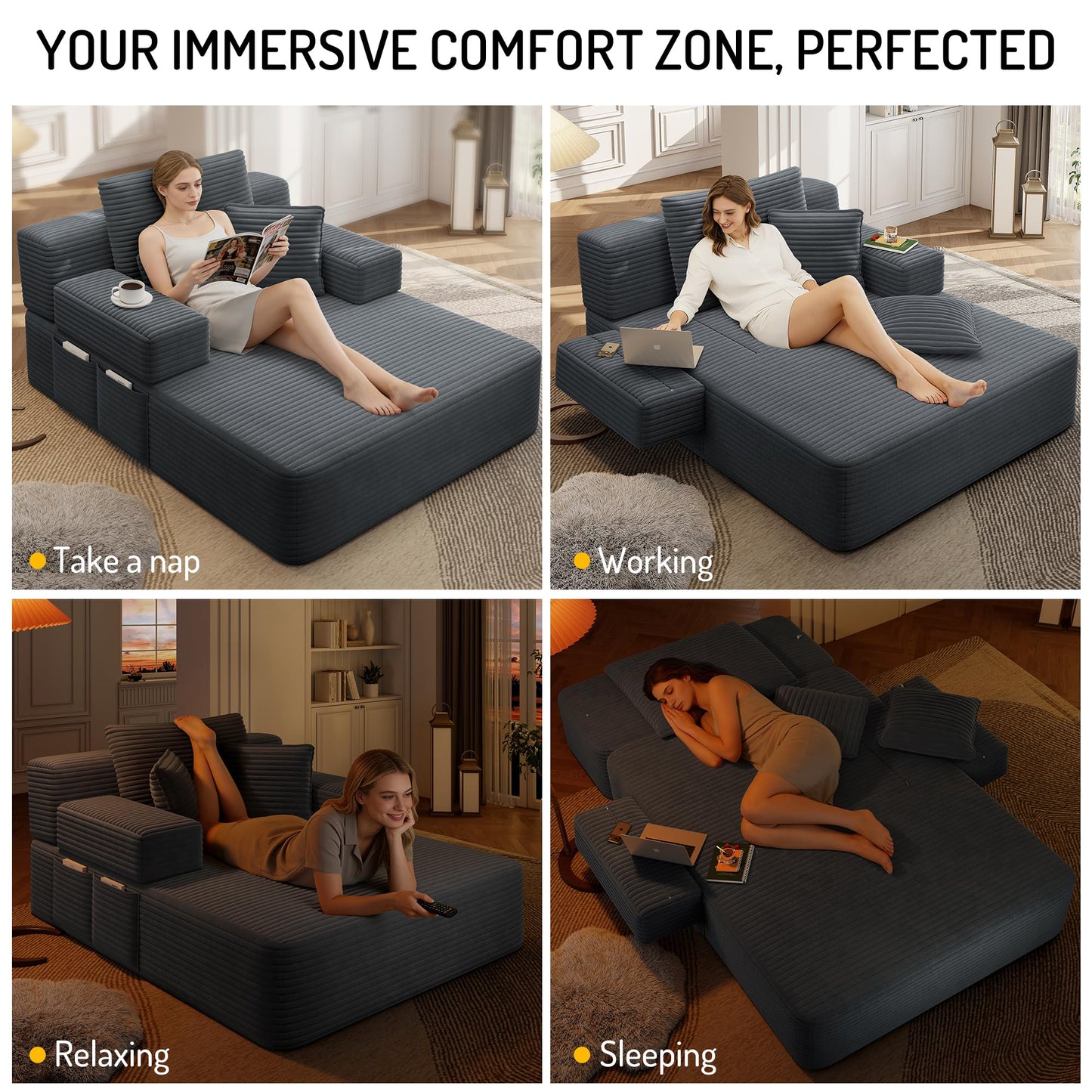 48.5" Boneless Chaise Lounge Chair Sofa Bed Indoor with Zip-Down Convertible Armrests & Backrest, Oversized Cloud Upholstered Compression Sleeper Couch Reading Chairs w/Side Pockets