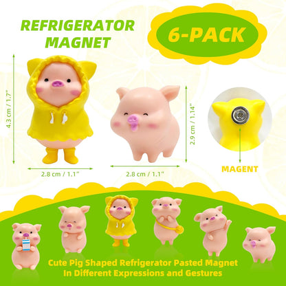 Set of 6 Pink Pig Refrigerator Magnets, 3D Round Face Party Pack for Silver Fridge, Office Dry Erase Board, Stainless