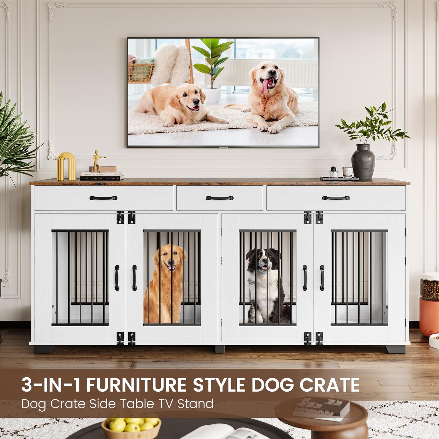 Garvee 71 in Large Dog Crate Furniture for 2 Dogs with 3 Drawers, Heavy Duty Double Indoor Dog Kennel and TV Stand for Medium Large Dogs, Brown & White