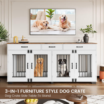 Garvee 71 in Large Dog Crate Furniture for 2 Dogs with 3 Drawers, Heavy Duty Double Indoor Dog Kennel and TV Stand for Medium Large Dogs, Brown & White