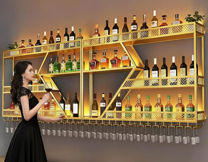 79in Wall Mounted Liquor Shelves with LED Lights, Industrial Metal Wall Bar Rack with Wine Glass Holder, Large Bottle Display Shelf for Home Kitchen (Gold)