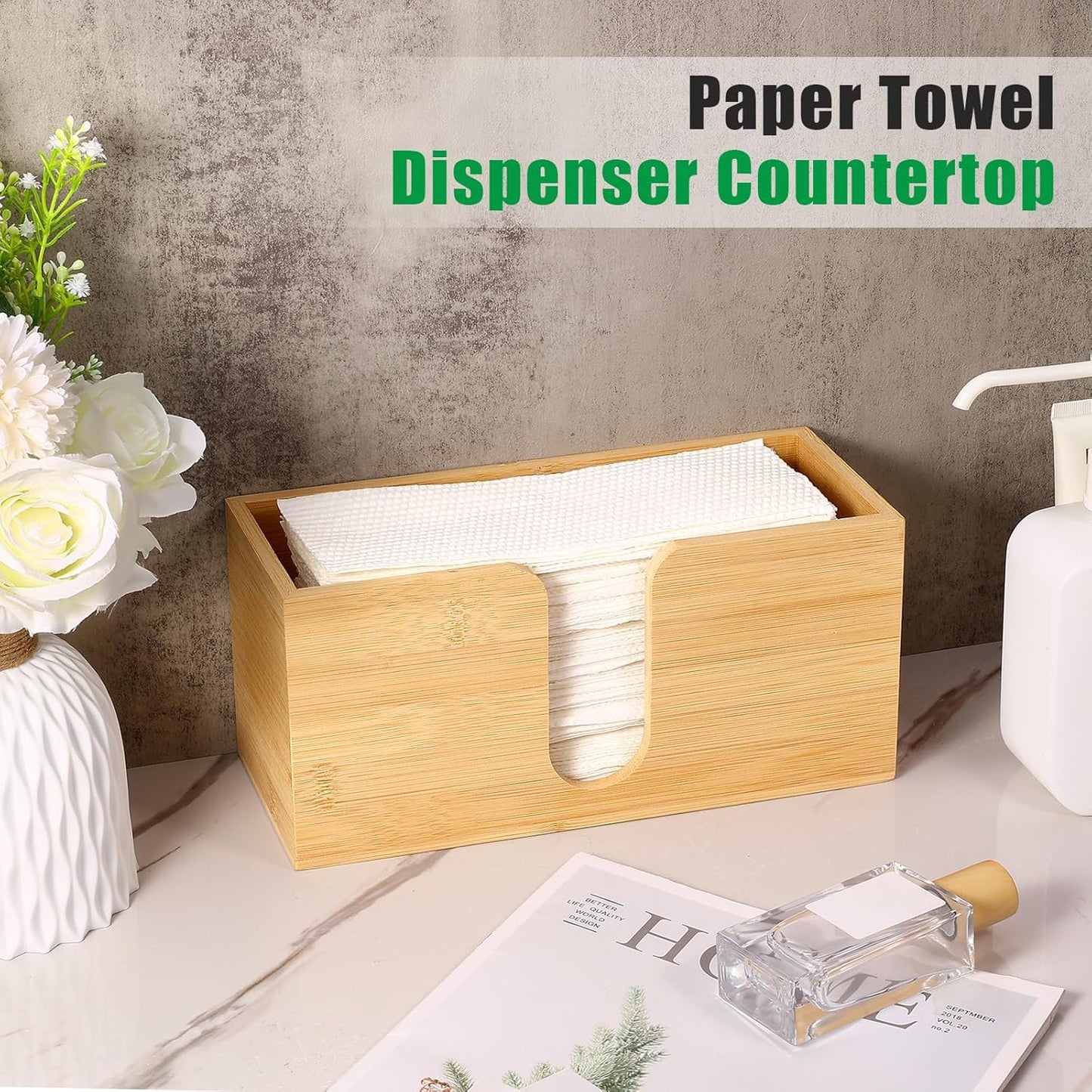 AFOROEOA Countertop 10.8'' 4'' 5'' Bamboo Paper Towel Dispenser Folded Paper Towel Holder Trifold Napkin Holder