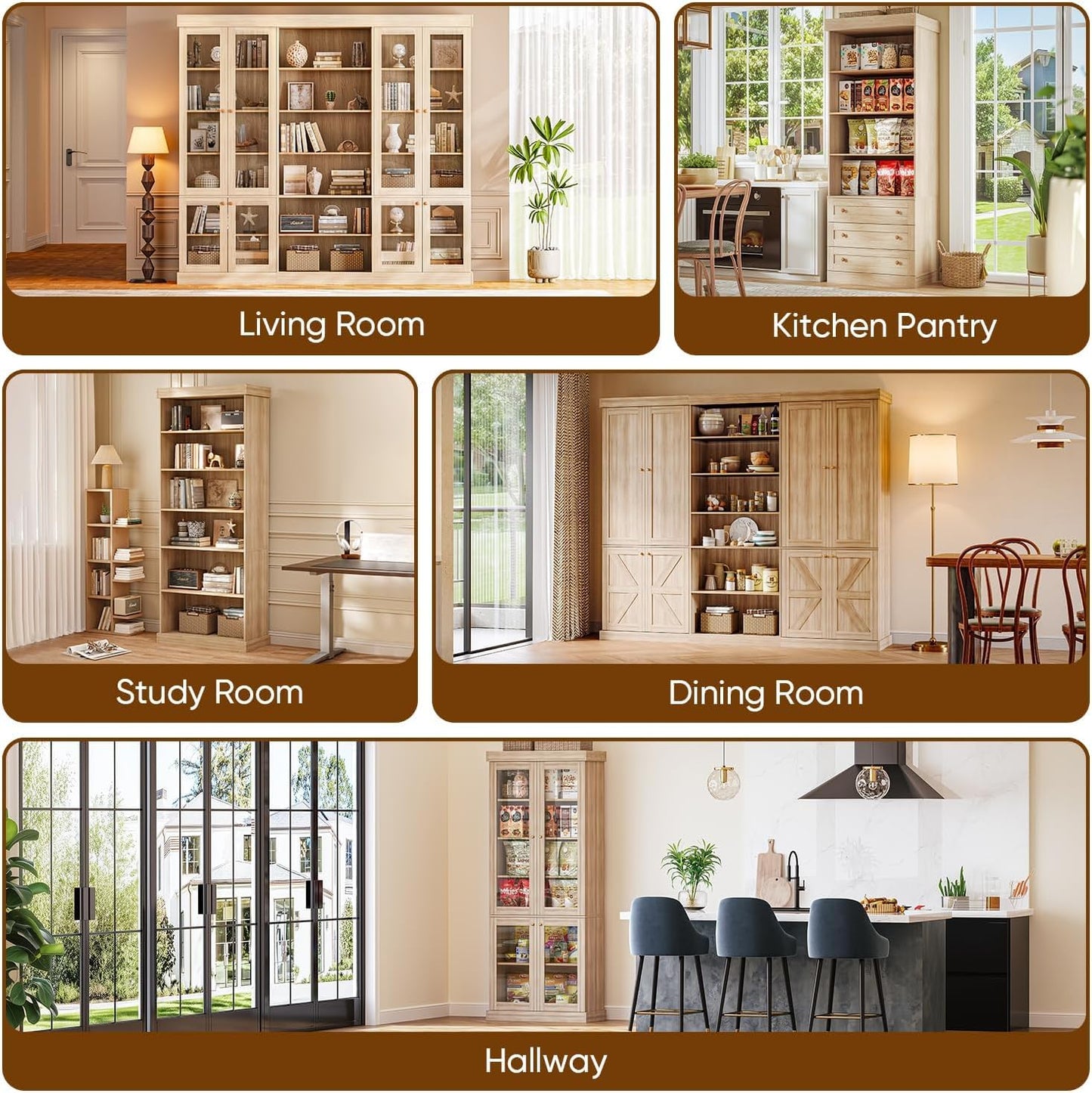 Myricore 70.8" Tall Bookshelf with Doors, Farmhouse Modular Bookcase with 4-Tier Adjustable Shelves, Large Storage Cabinet for Home Office, Living Room, Brown