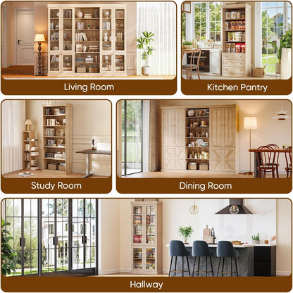 Myricore 70.8" Tall Bookshelf with Doors, Farmhouse Modular Bookcase with 4-Tier Adjustable Shelves, Large Storage Cabinet for Home Office, Living Room, Brown