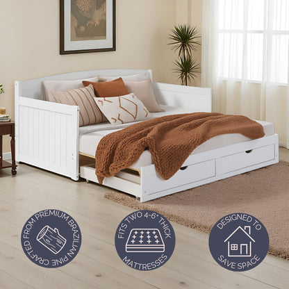 Alaterre Furniture Harmony Twin to King Daybed with Pop Up Trundle Bed - Solid Wood Twin Day Bed with 2 Pull-Out Storage Drawers and 400lb Capacity - For Kids, Guest Room, Living Room (White)