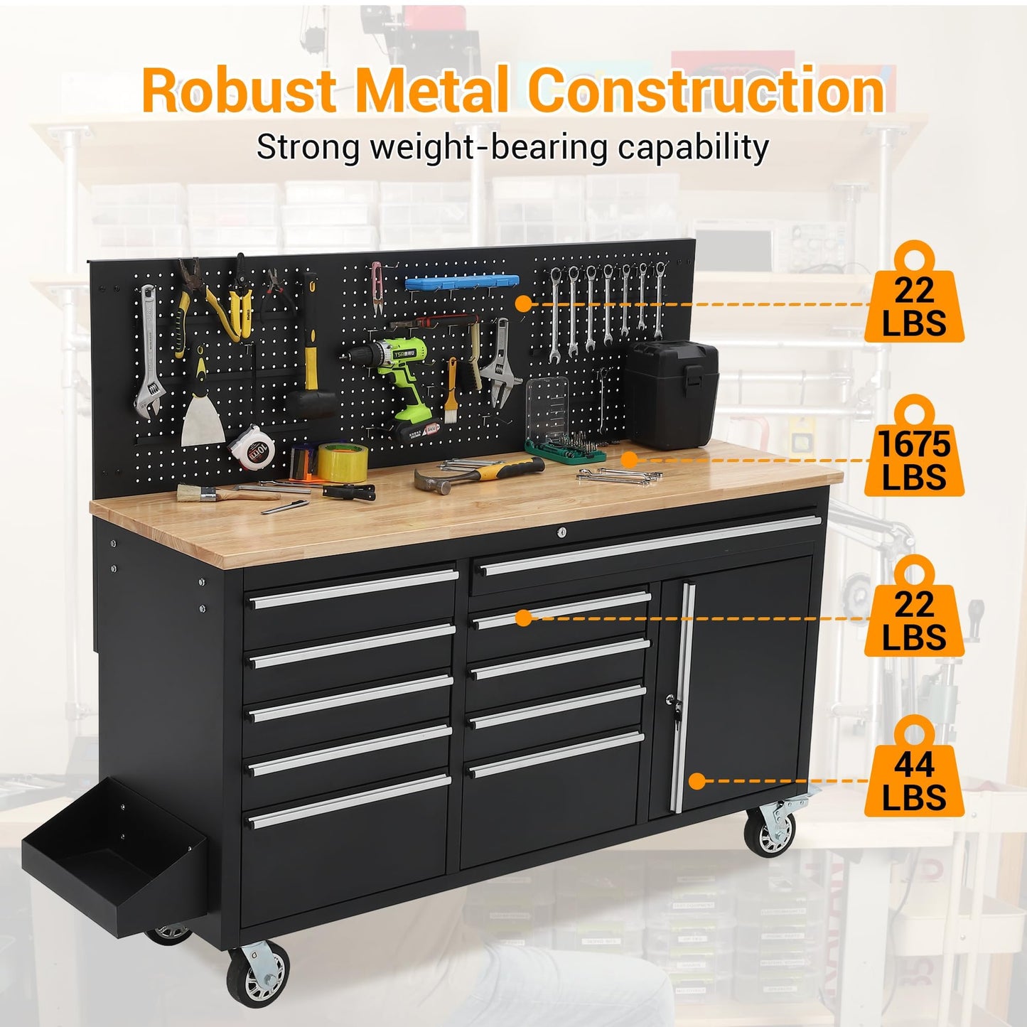 61 Inch Rolling Tool Chest with 10 Drawers, Rubber Wood Workbench Top, Anti-Fingerprint Steel, Lockable Wheels & Key Lock, Mobile Storage Cabinet Organizer for Garage & Workshop