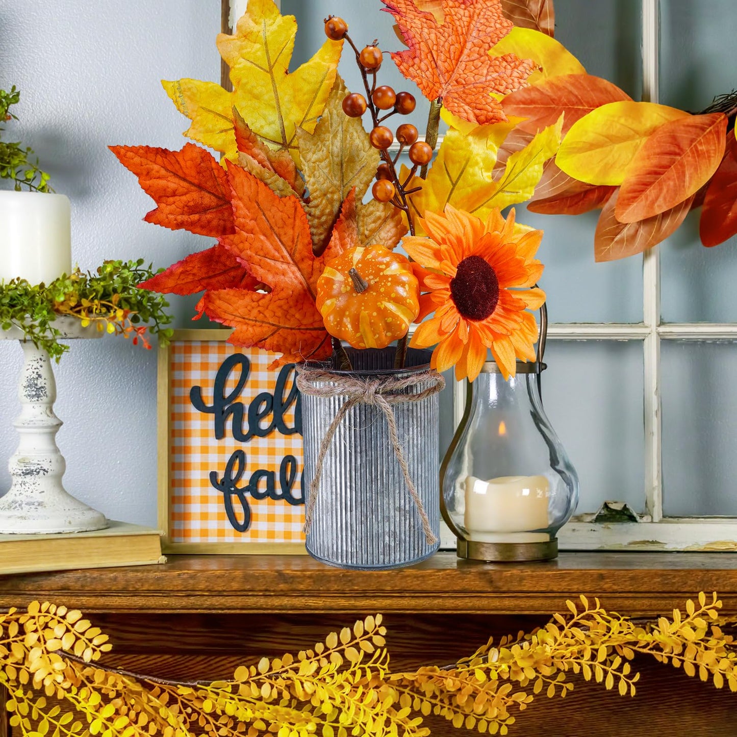 Winlyn 3 Pack Fall Faux Potted Plants Rustic Thanksgiving Floral Arrangements Artificial Fall Harvest Maple Leaf Picks in Metal Pots for Kitchen Home Autumn Wedding Table Centerpieces Mantel Decor
