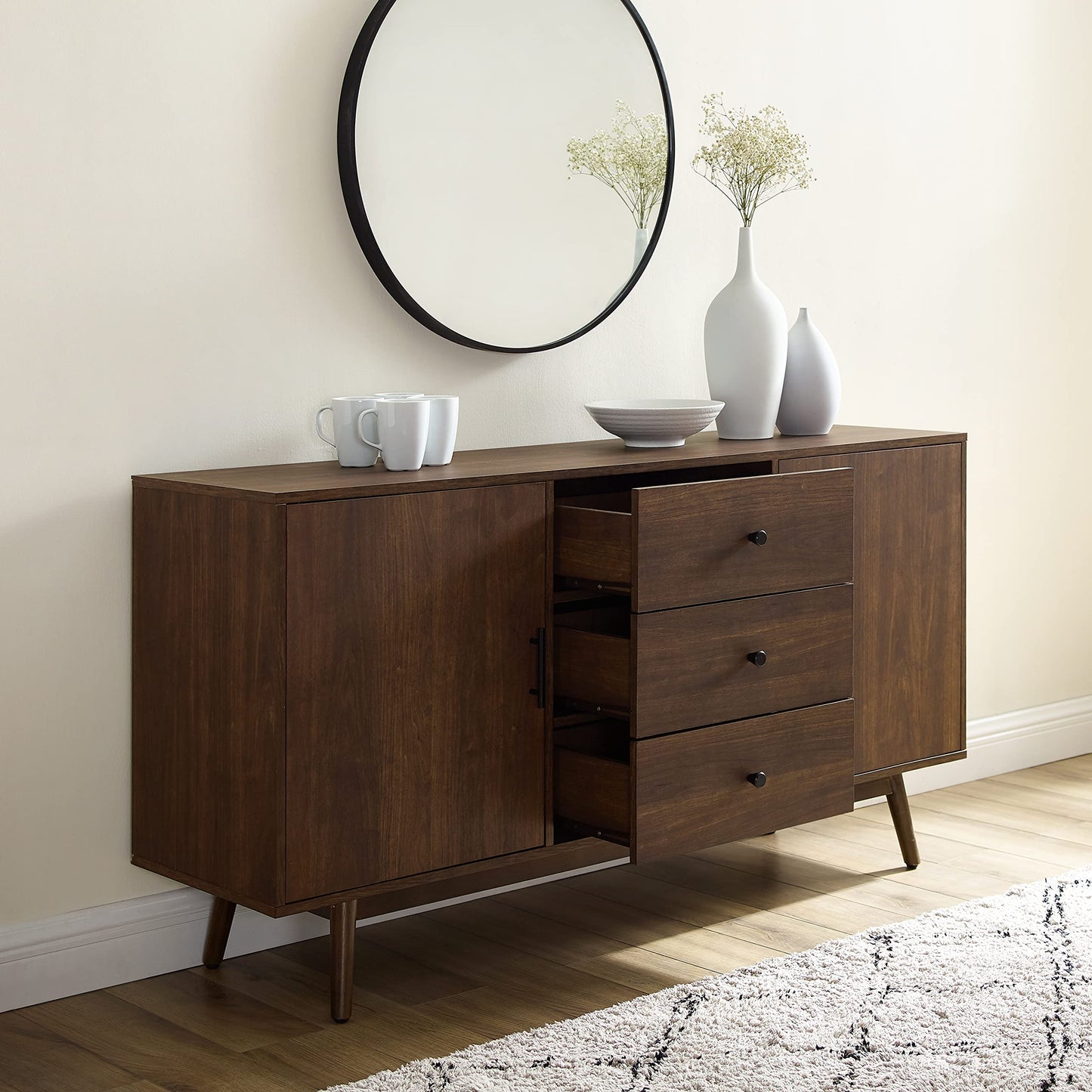 Crosley Furniture Lucas Mid Century Sideboard Buffet Cabinet with Storage, Brown