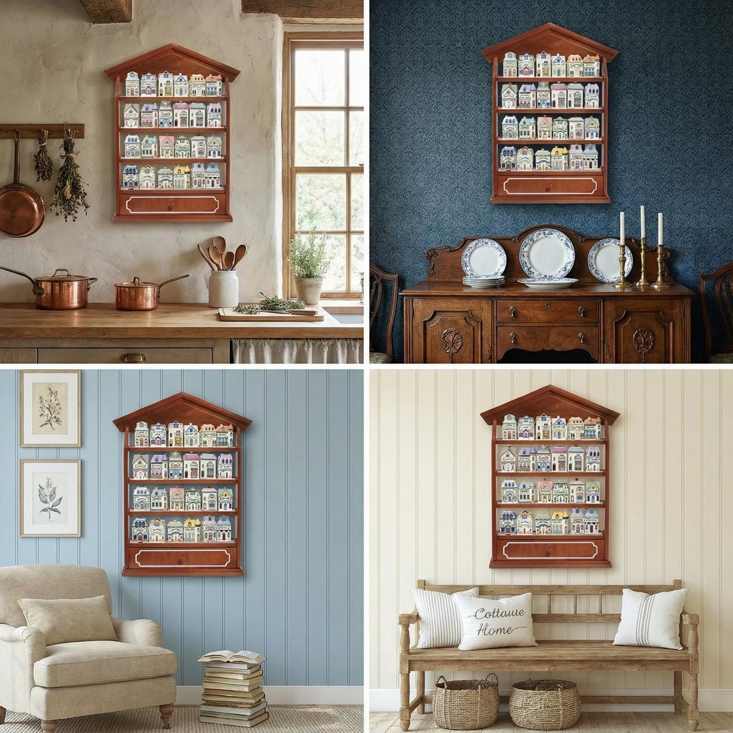 Chunful Vintage Spice Jar Wooden Rack with 4 Shelves and Drawer Hanging Spice Rack Wall Mounting Kitchen Storage Village Style Display Shelf for 24 Jars, Shelf Only(Classic)