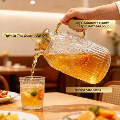 Amzcku Glass Pitcher with Lid, 101 oz/ 3 Liter Vintage Water Pitcher,Water Carafe for Cold Brew, Coffee, Lemonade, Iced Tea,Beverage, Heat Resistant Water Glass Jug 1Pack