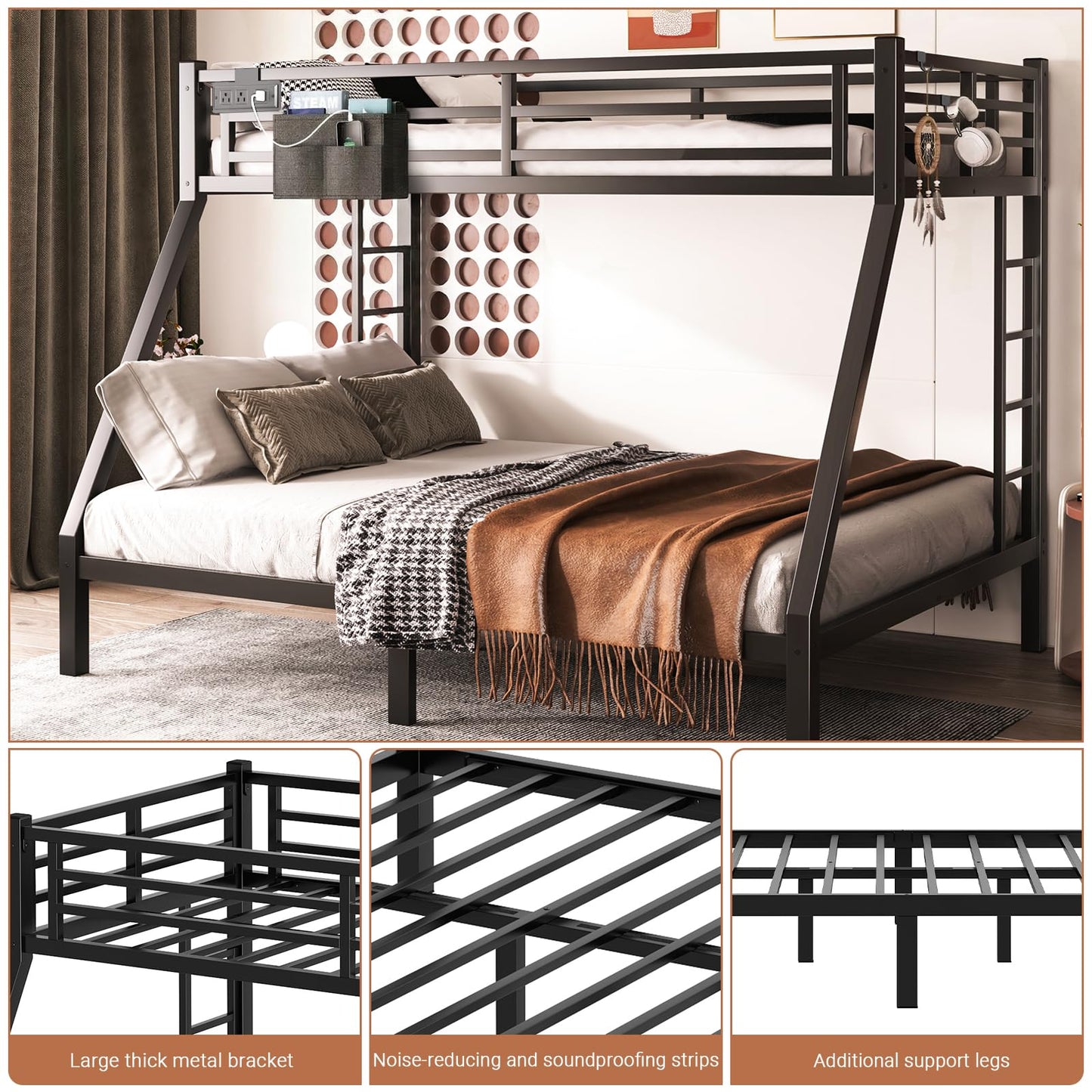 XUWANSHANG Twin XL Over Queen Bunk Bed Frame, Heavy Duty Metal Loft Bed for Adults/Teens, 350/600LB Capacity w/Ladder & Guardrail, Noise-Free Steel Slats, No Box Spring Required, Black