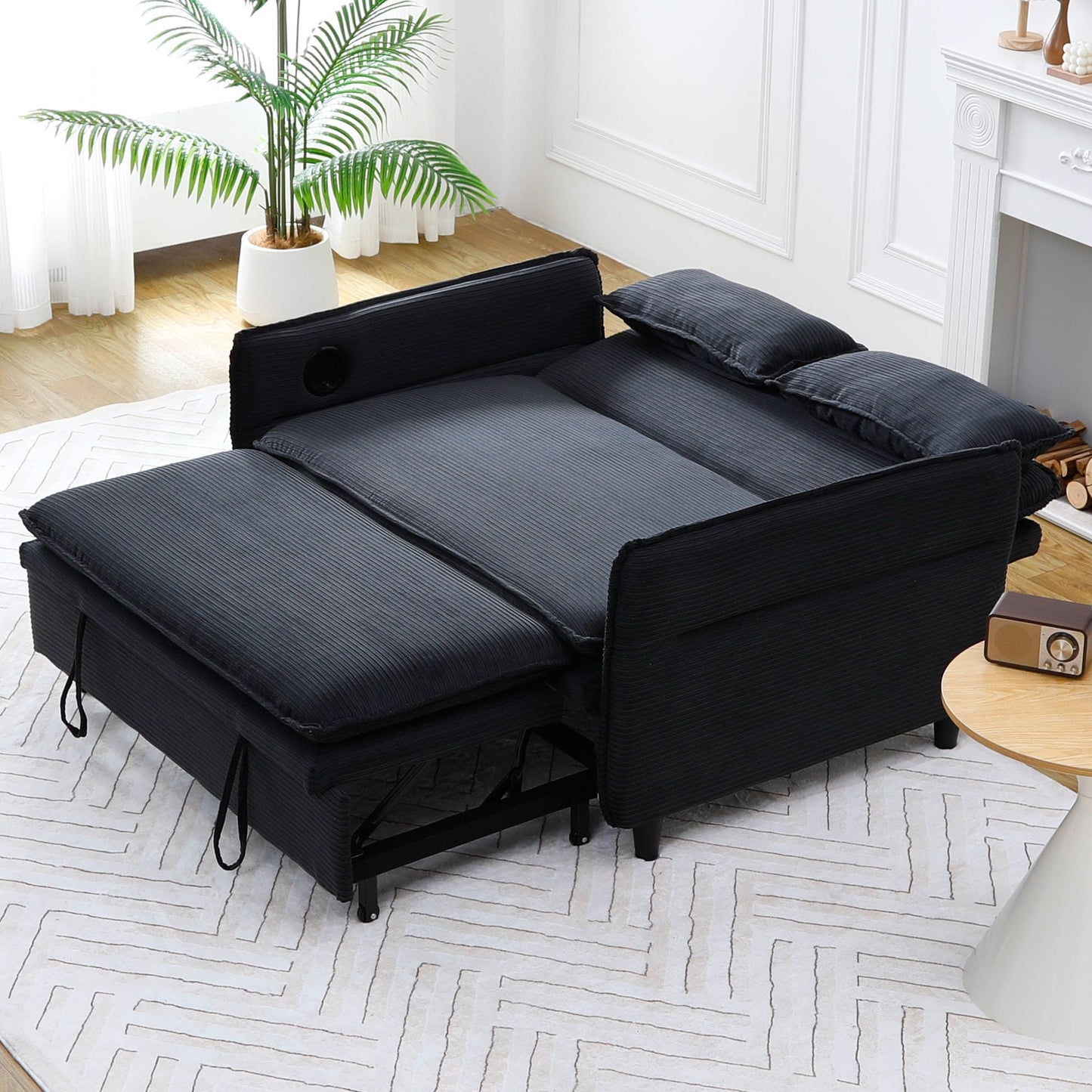 KEIKI 66" Convertible Sofa Bed w/Cup Holder, 3 in 1 Corduroy Sleeper Couch with Pull Out Bed, Adjustable Armrests & Backrests, Modern Chaise Lounge Chair for Living Room Bedroom, Easy Assembly, Black