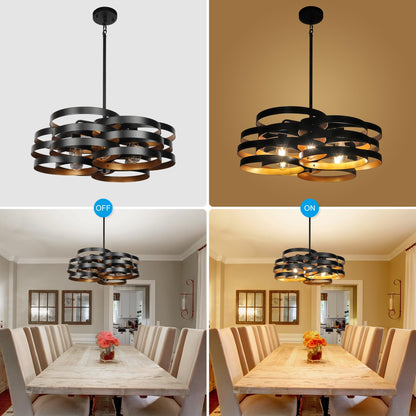 CNRATYE 6-Light Modern Farmhouse Chandeliers for Dining Room, Rustic Multiple Rings Pendant Lighting, Industrial Metal Round Chandelier for Kitchen Entryway, Black with Gold Interior