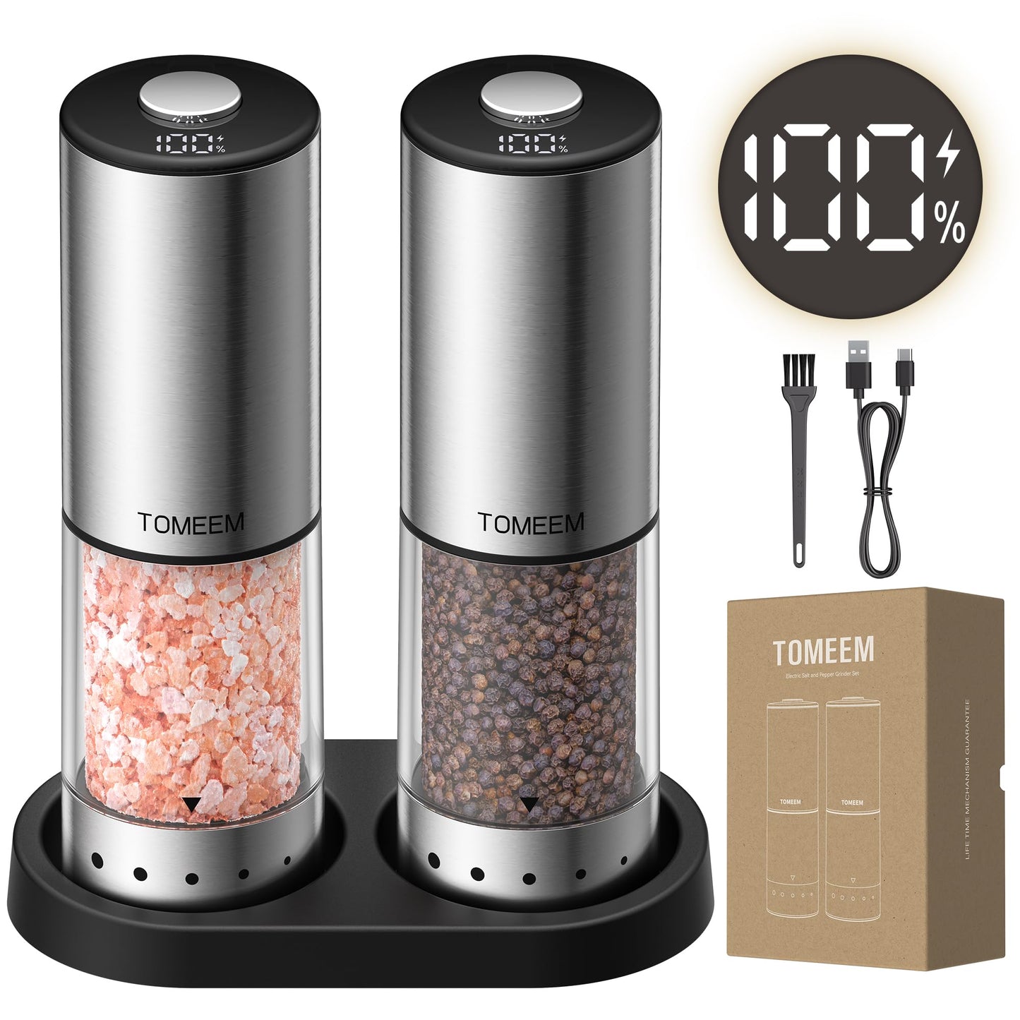 TOMEEM Rechargeable Electric Salt and Pepper Grinder Set, 115ml Large Capacity Stainless Steel Automatic Pepper Mill with Storage Base, LED Display and Light, 5 Adjustable Grind Settings