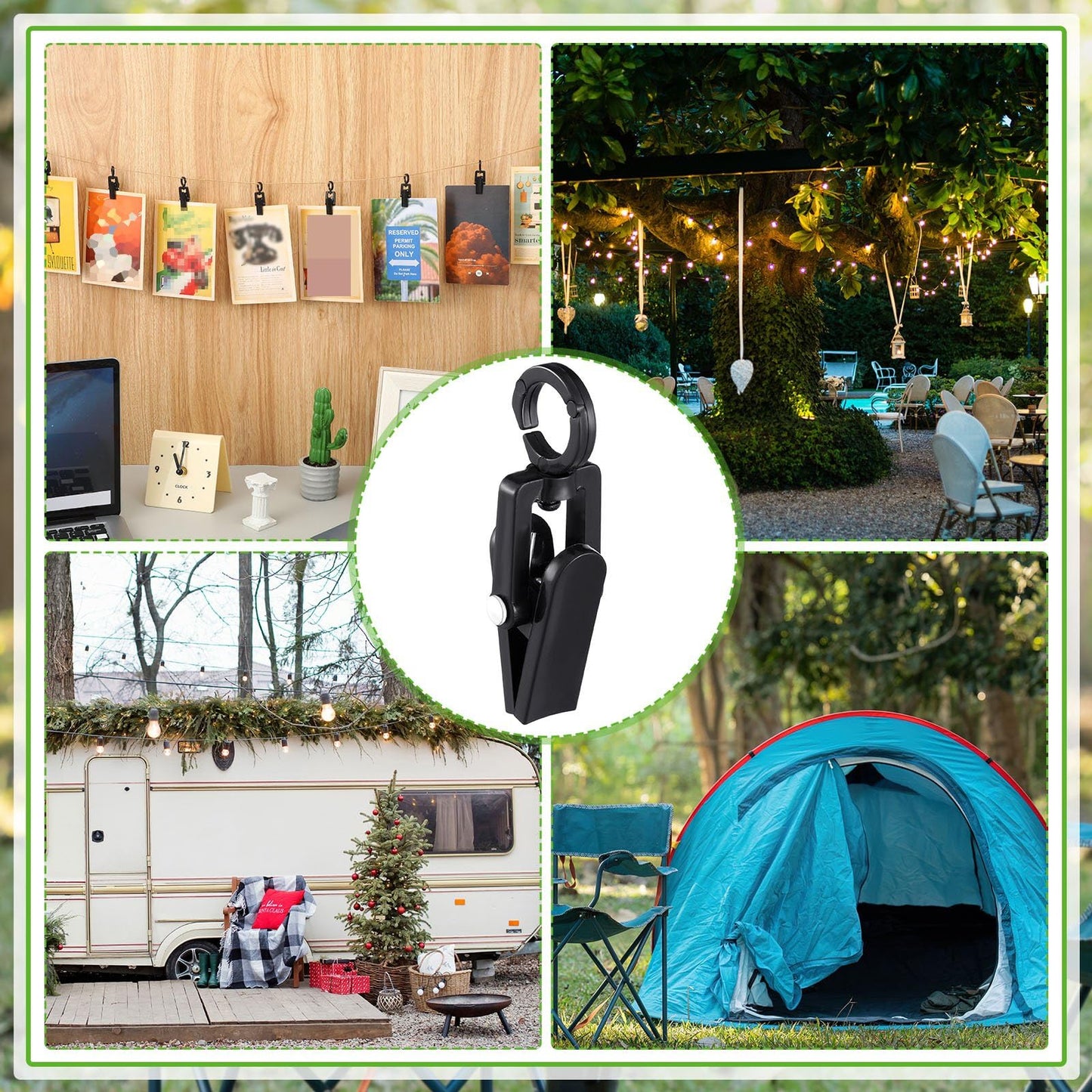 Beeveer 50 Pack Curtain Hooks with Clips RV Camper Awning Lights Clips 360° Trailer Stainless Steel Ring with Hangers for Camper Awning String Lights Photos Display Banner Party Decor(Black)