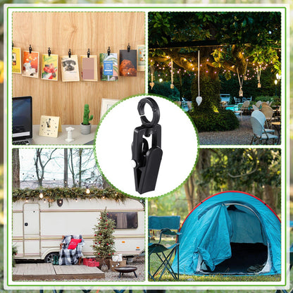 Beeveer 50 Pack Curtain Hooks with Clips RV Camper Awning Lights Clips 360° Trailer Stainless Steel Ring with Hangers for Camper Awning String Lights Photos Display Banner Party Decor(Black)