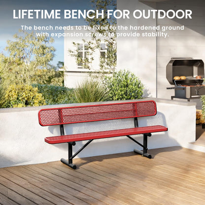 Sunnibety 8 Feet Steel Park Bench for Outside, Outdoor Bench with Backrest & Portable Frame, Commercial Benches for Shopping Malls, Stores, Parks, Patios, Decks, Red