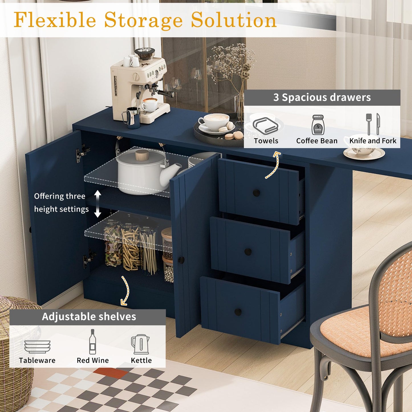 Merax Modern Wood Buffet Storgae Cabinet with Extendable Table, Buffet Coffee Bar Sideboard w/ 2 Doors and 3 Drawers for Living Room Dinning Room Kitchen Navy Blue