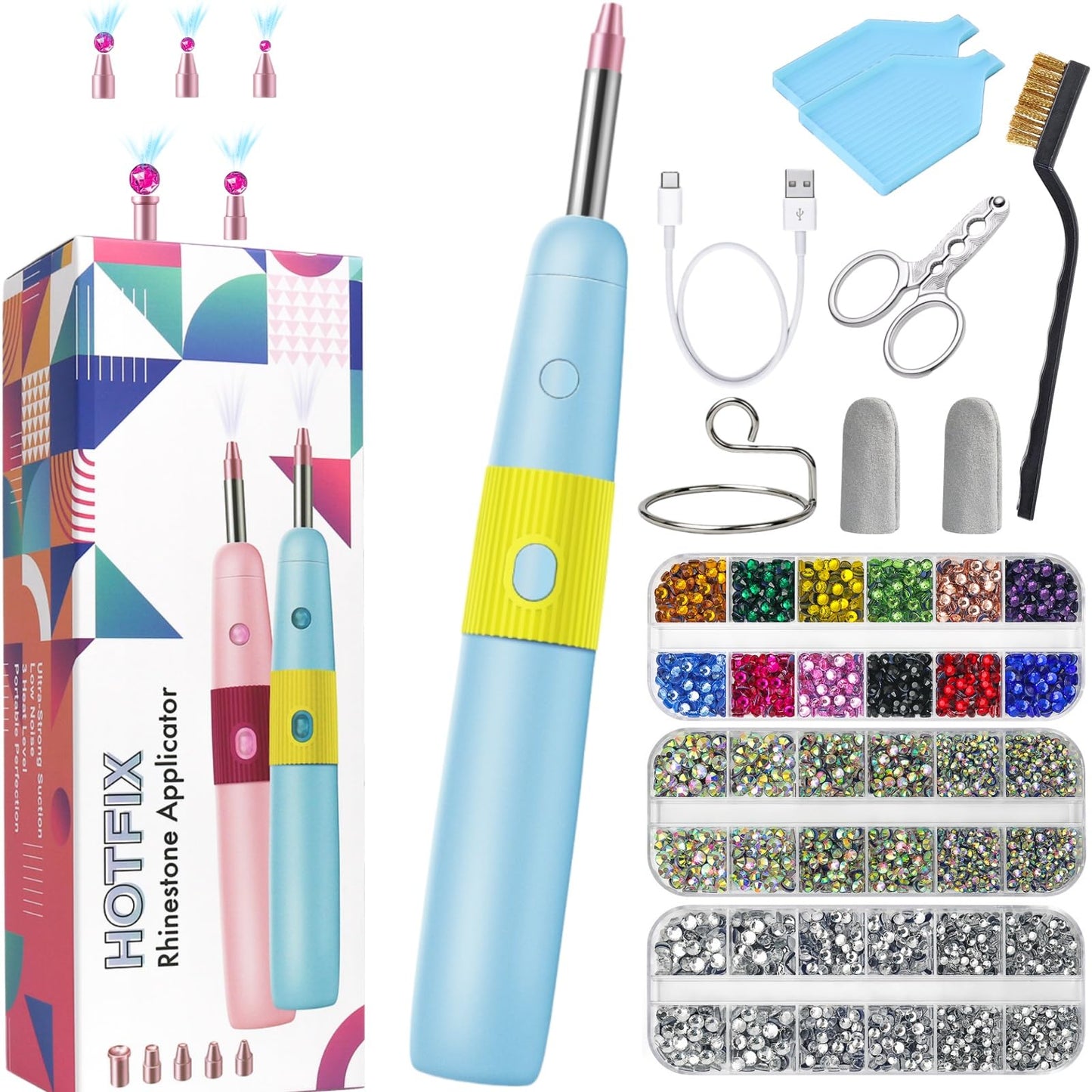 5 in 1 Cordless Hotfix Applicator Tool, 4000mAh Rhinestone Bedazzler Kit with Self-Suction, 3 Temp Settings, 5 Tips, Hot Fix Rhinestone Kit for Clothing Fabric DIY Crafts (Blue)