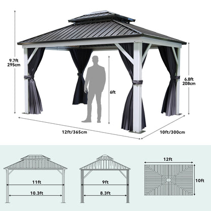 YITAHOME 10X12FT White Hardtop Metal Gazebo Patios Double Roof Canopy Aluminum Frame Garden Gazebo Tent Curtains Netting for Patios Backyards Decks Lawns