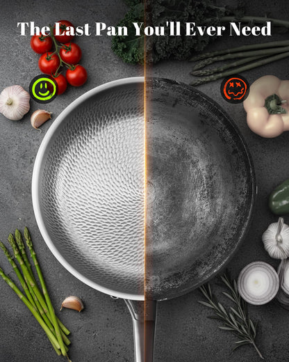 Titanium Pans for Cooking, 12 Inch Pure Titanium Hammered Pro frying pan with Lid, Non-Toxic Skillet for Cooking, PFAS/PFOA/PTFE Free Cookware, Dishwasher&Oven Safe, Kitchen Induction Compatible