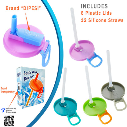 ORIGINAL CREATOR - DIPESI 6 pack 6 color Soda Can Lids with Straws, Reusable Silicone Straws Soda Can Covers, BPA-Free,Airtight Seal, Easy to Use, Prevents Spills, Fits Standard Cans.