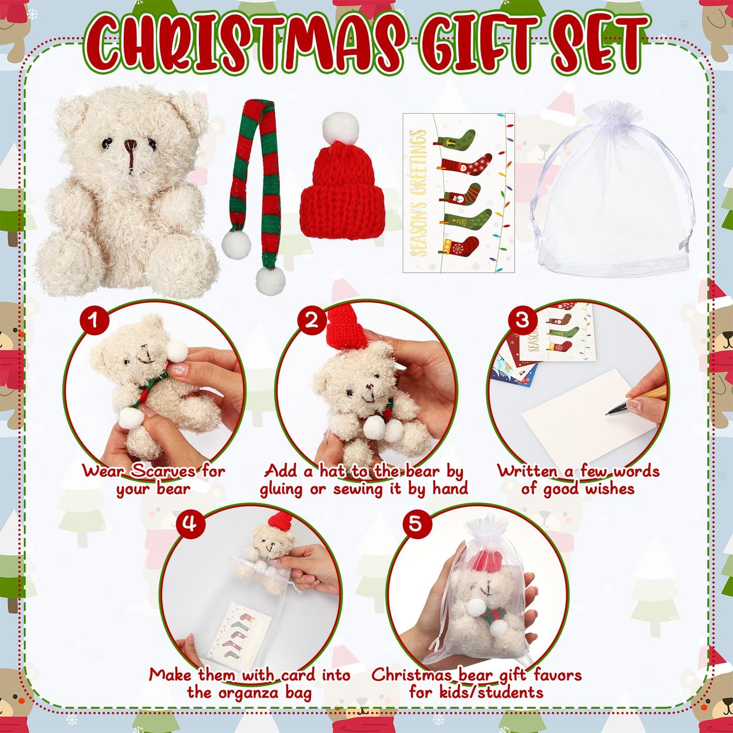 Poen 24 Set Christmas Gift 4 Inch Mini Christmas Stuffed Plush Bear with Santa Hat Scarf Cards Organza Bags Xmas Small Bear Toy Set for Holiday Party Favor(Cute Style)