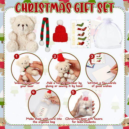 Poen 24 Set Christmas Gift 4 Inch Mini Christmas Stuffed Plush Bear with Santa Hat Scarf Cards Organza Bags Xmas Small Bear Toy Set for Holiday Party Favor(Cute Style)