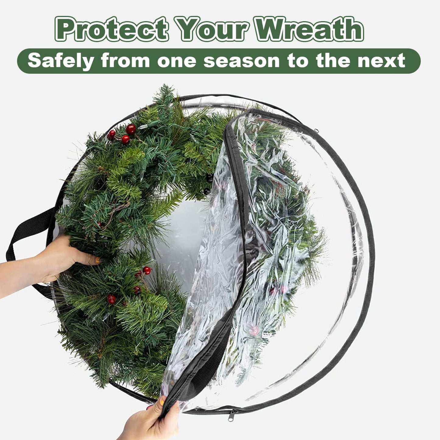 4 PCS Clear Wreath Storage Bag, 24x8 Inch Christmas Wreath Storage Container, Heavy Duty PVC Wreath Protector with Handle for Xmas Holiday Seasonal Wreath Garland (Black)