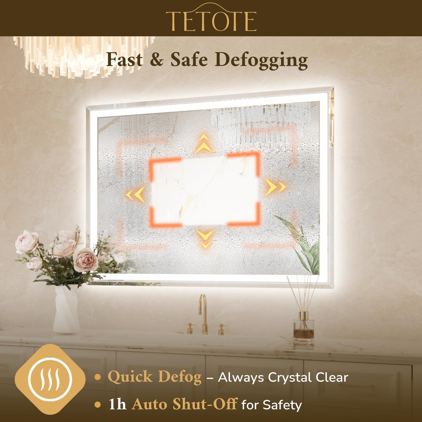 TETOTE 72 x 36 Inch Led Lighted Mirror for Bathroom Wall, Extra-Bright Beveled Bathroom Vanity Frontlit & Backlit Frameless Mirror with 3-Color Lights, Defogging, Tempered Glass, Waterproof